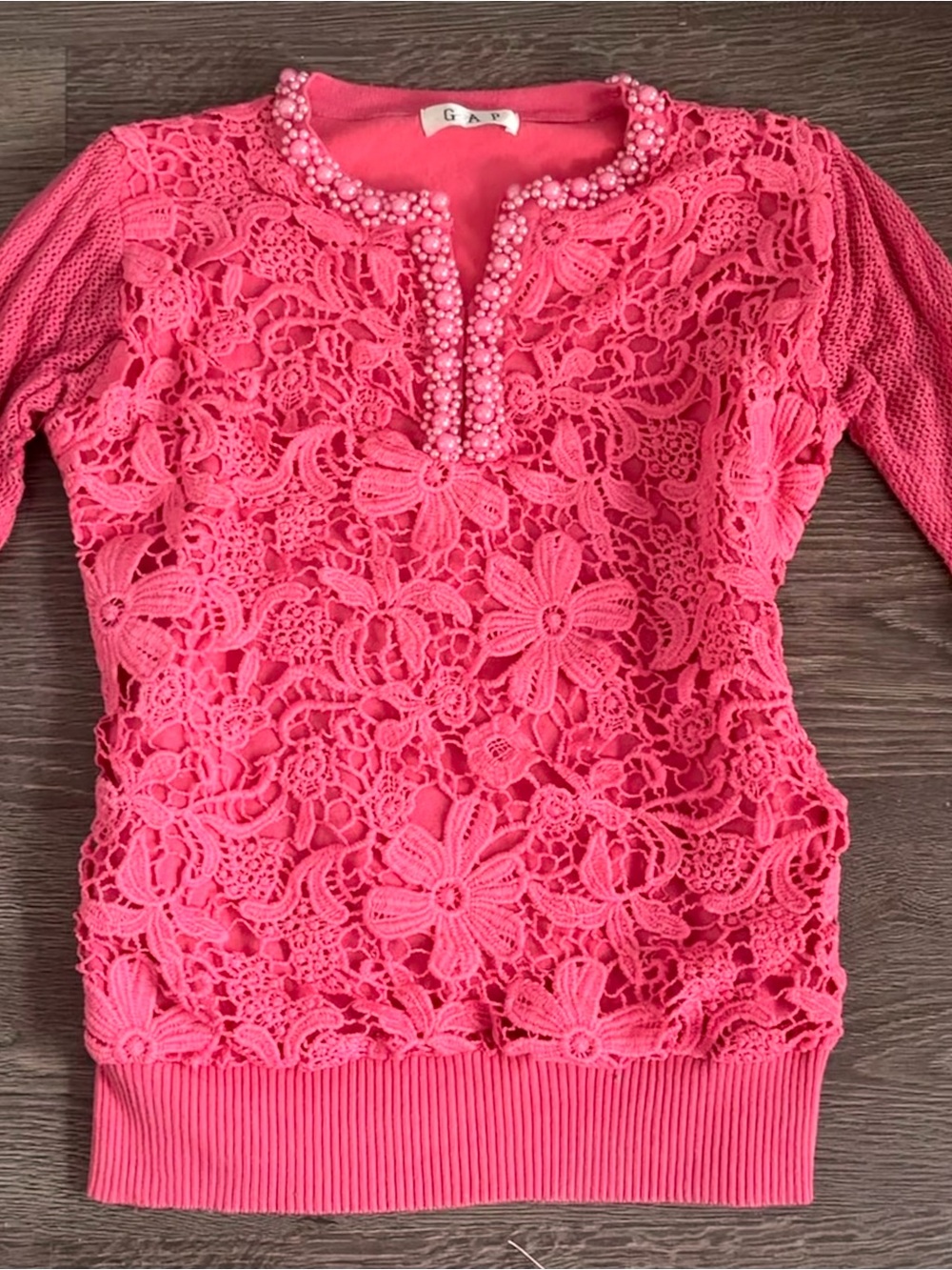 GAP Women's Bright Pink Floral Crochet Sweater with Beaded Neck